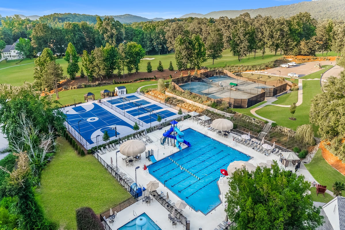 Aerial view of community pool at build-to-rent community