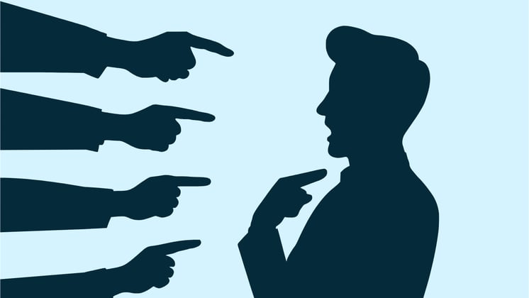 A graphic of a man side profiled pointing to himself with 4 hands pointing to him as well.