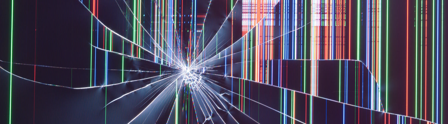 A cracked digital screen with extremely distorted pixels in vertical line forms.