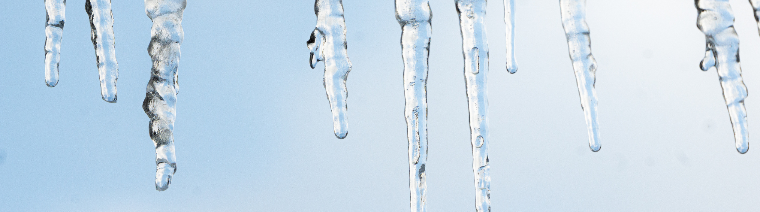 Multiple icicles forming on the edge of a surface. 