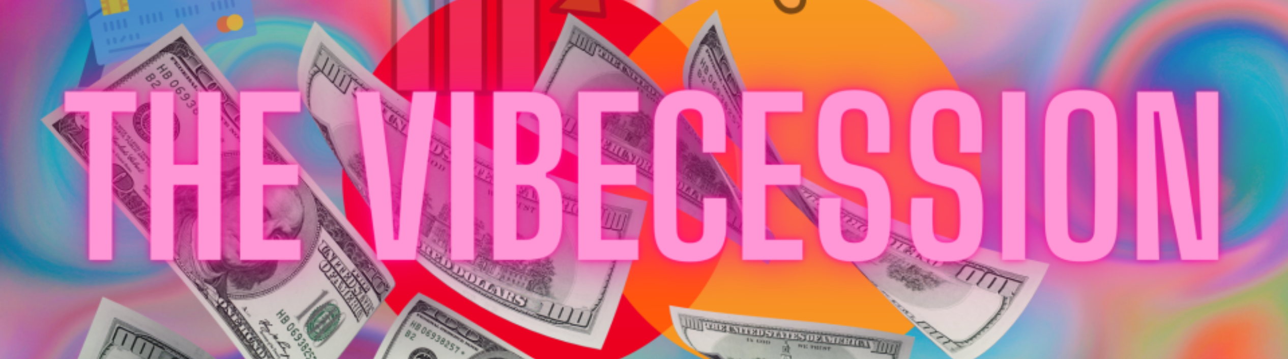 A graphic with an abstract colorful background containing, a man holding a large credit card, a petrol pump, a graph icon going down and multiple $100 bills falling down. In the foreground are the words 