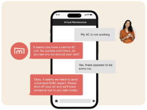 Phone mockup with conversation about resolving an A/C unit that is broken vis SMS