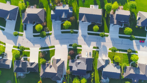 Aerial view of neighborhood of homes